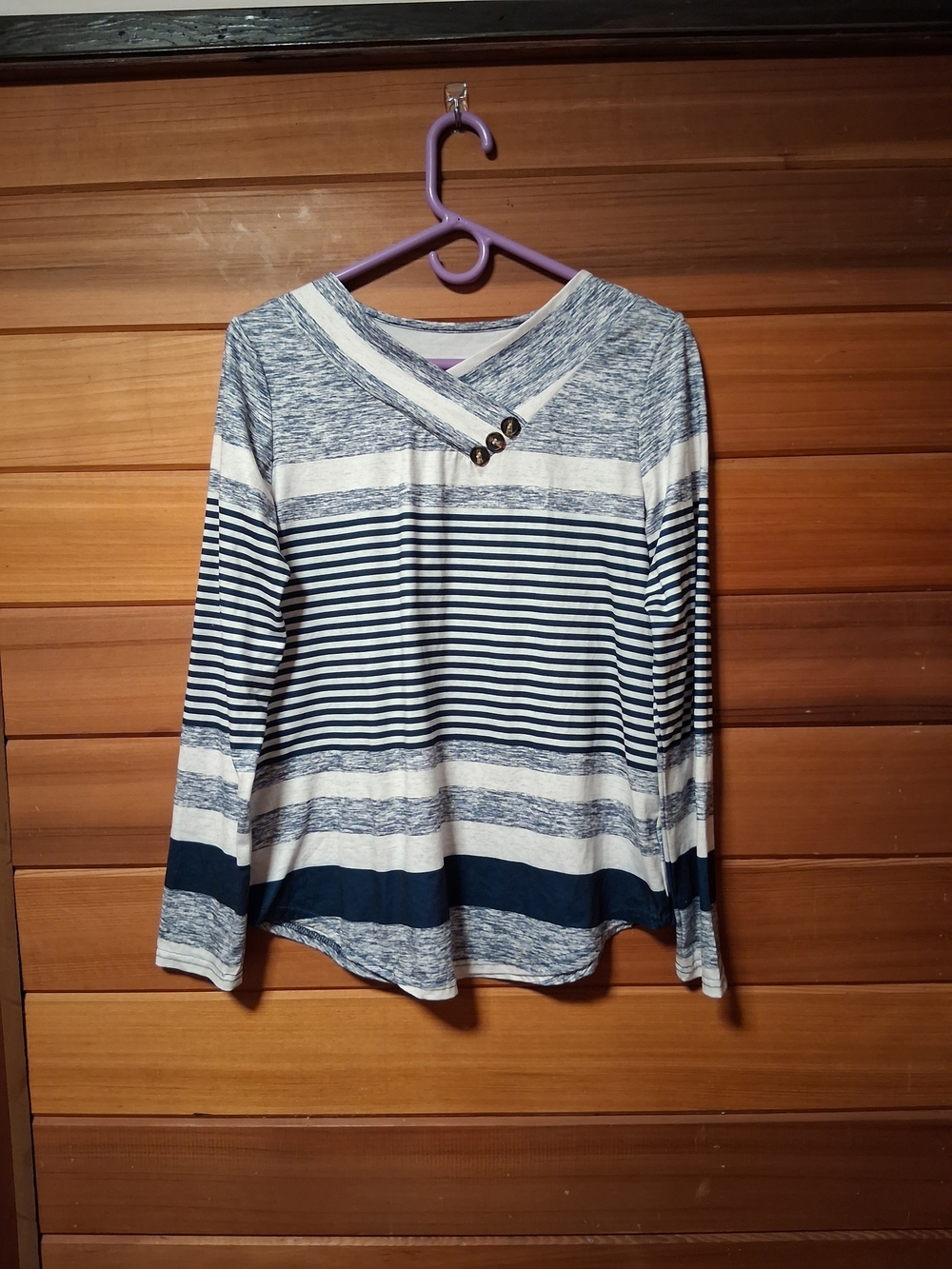 🔅Striped V-Neck Long Sleeve Top with Button Detail - Blue/White